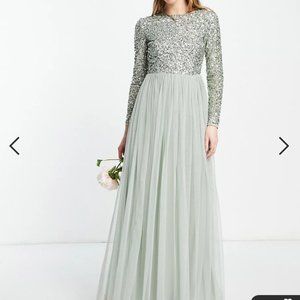 Long-sleeve ASOS Maya sage-green bridesmaid maxi dress sequins & tulle. Like new